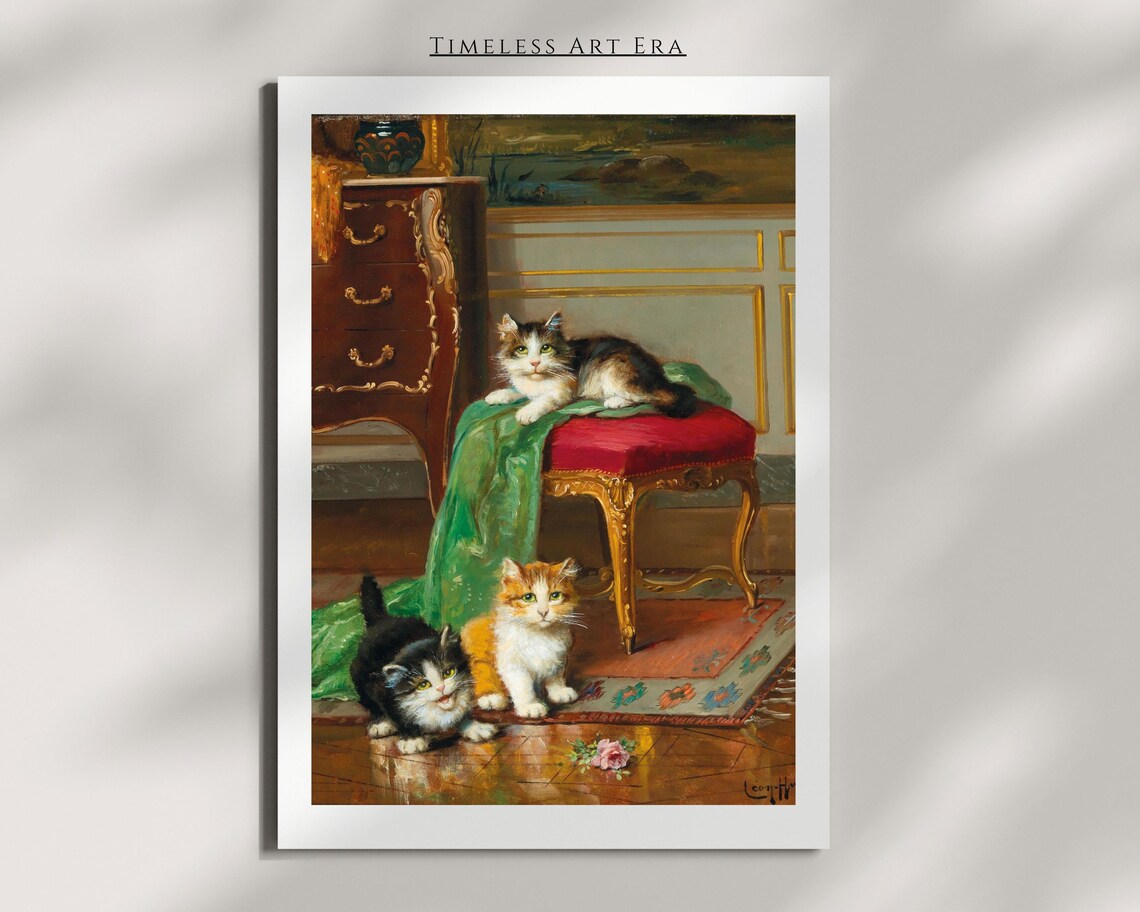 Three Kittens In Elegant French Salon Vintage Painting Poster