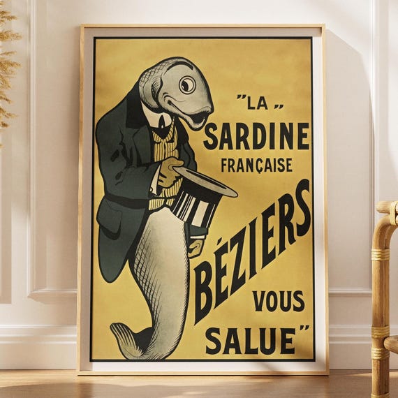 French Sardine Poster Beziers La Francaise Bar Decor Kitchen Art