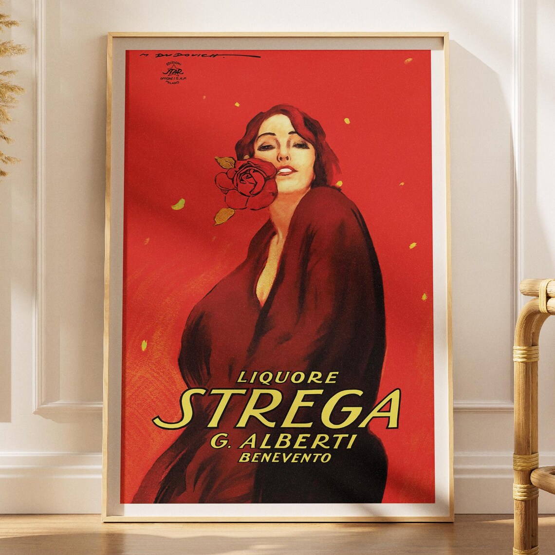 Liquore Strega Vintage Italian Advertising Poster Red Rose Beauty Bar Ad