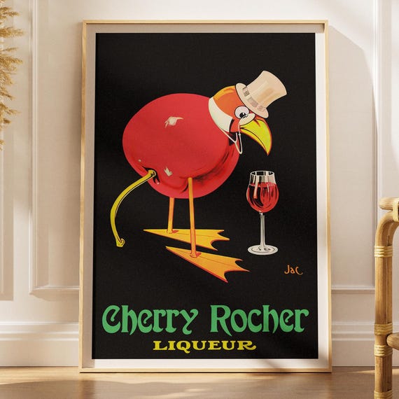 Cherry Rocher Liqueur Poster Vintage Cocktail Canvas Wall Art Bar Cart Decor