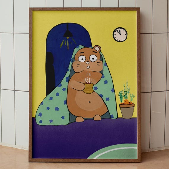 Cozy Hamster Art Print Funny Introvert Poster Tea Lover Wall Decor Cute Animal For Homebodies