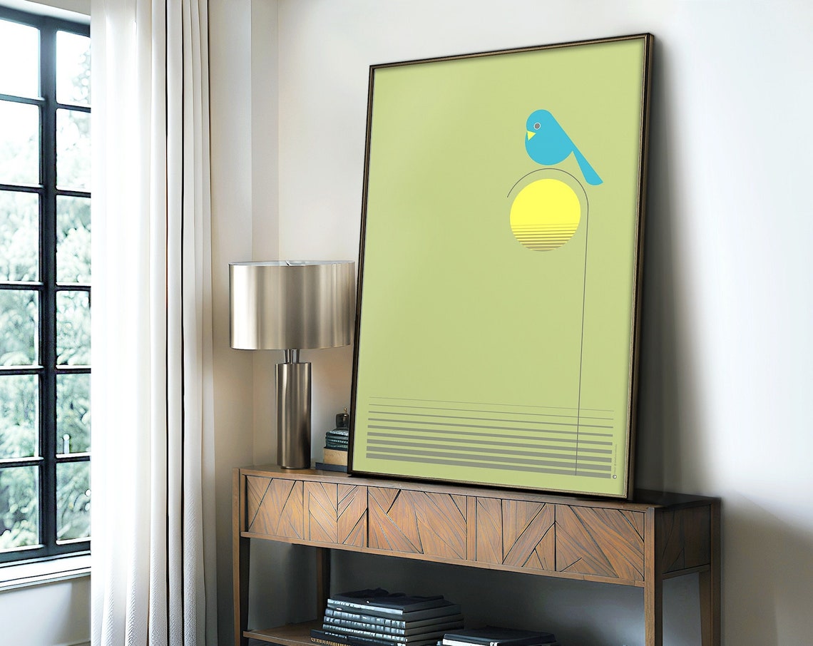 Blue Bird With Yellow Sun on Pale Green Minimalist Art Poster