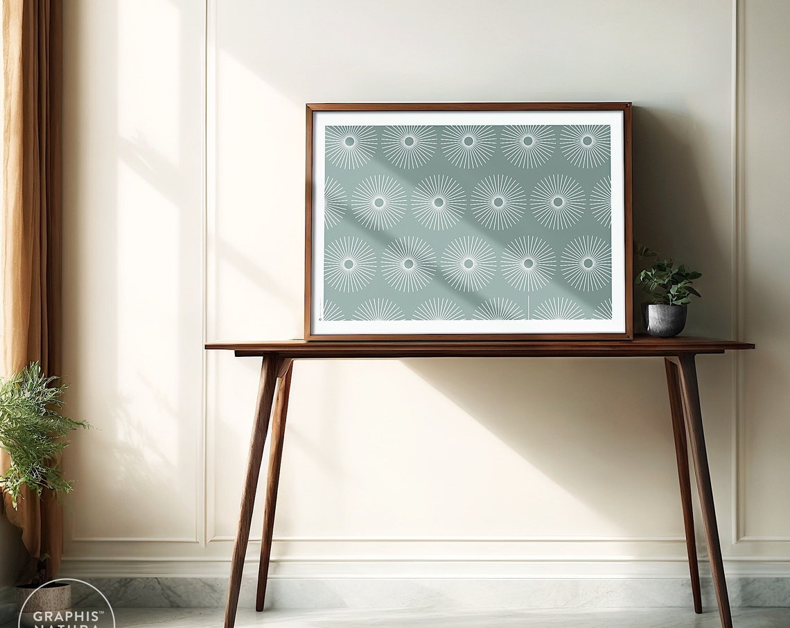 White Sunburst Flower Pattern on Sage Green Botanical Art Poster - Image 5