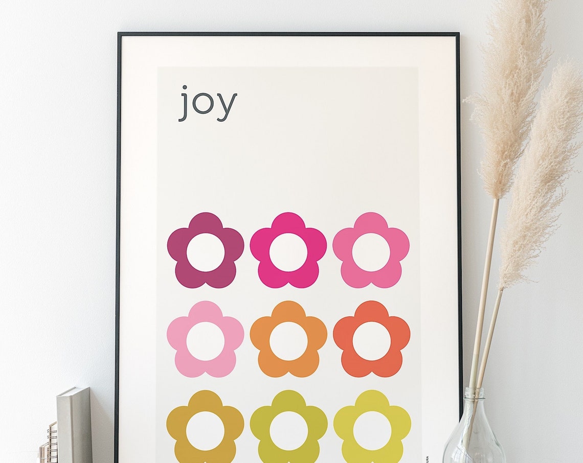 Joy Retro Flower Grid Poster Warm Pink Orange Typographic Art