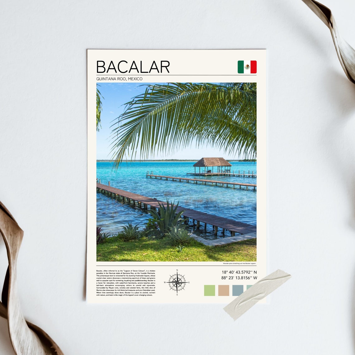 Bacalar Mexico Lagoon Seven Colors Wooden Pier Palm Tropical Poster - Image 3
