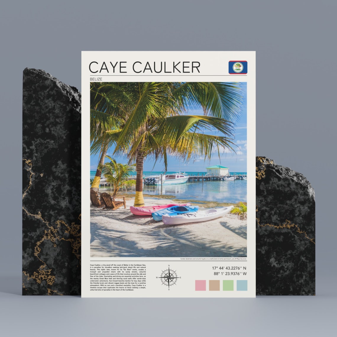 Caye Caulker Belize Palm Trees Kayaks Pier Caribbean Beach Poster - Image 2