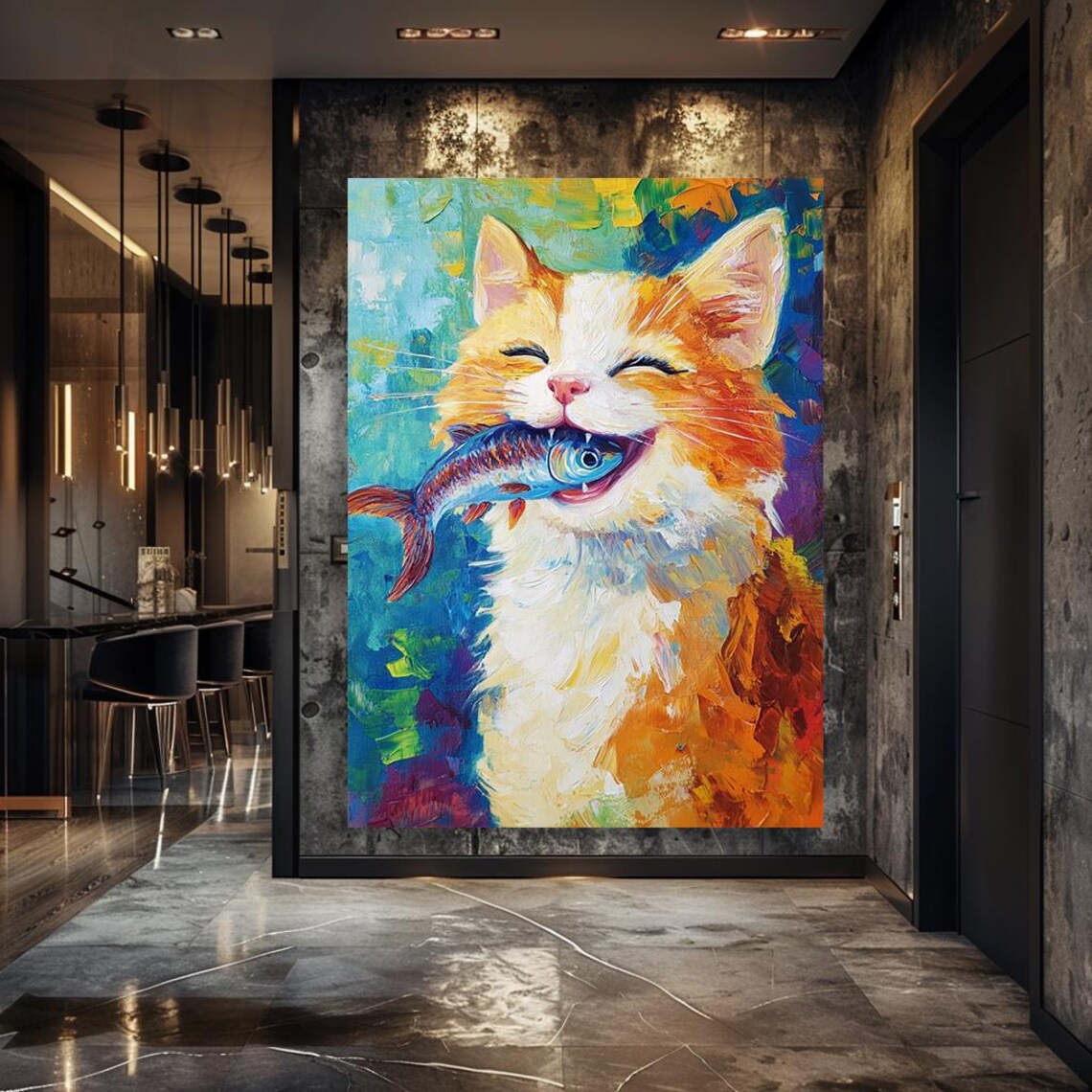 Joyful Orange Tabby Cat Catching Fish Colorful Humor Wall Poster - Image 3