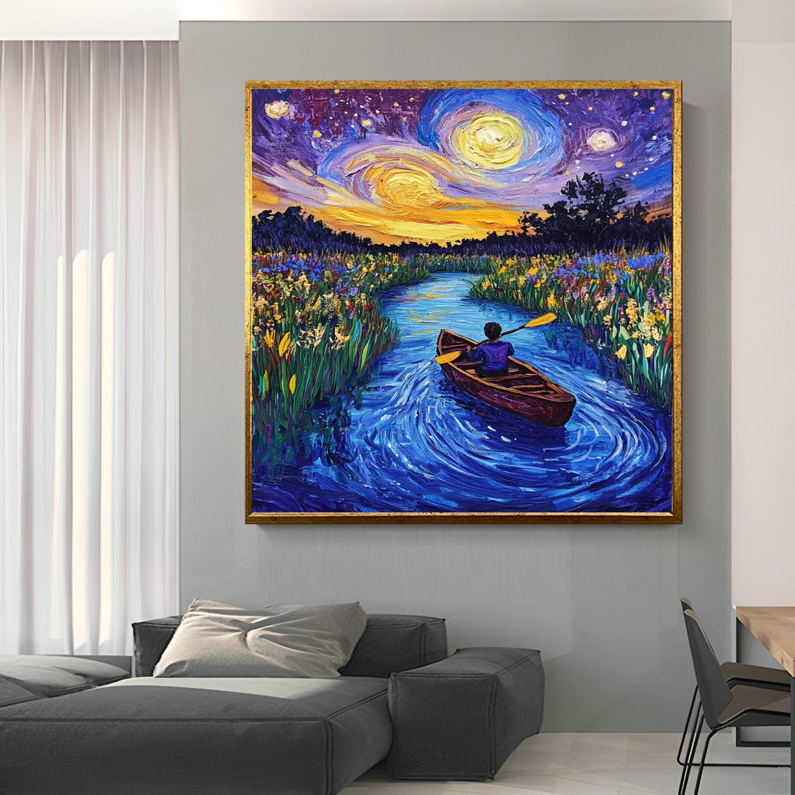 Wall Art Starry Night River Landscape With Canoe Vibrant Nature Painting Impressionist Artwork For Living Room Bedroom Or Office - Image 4