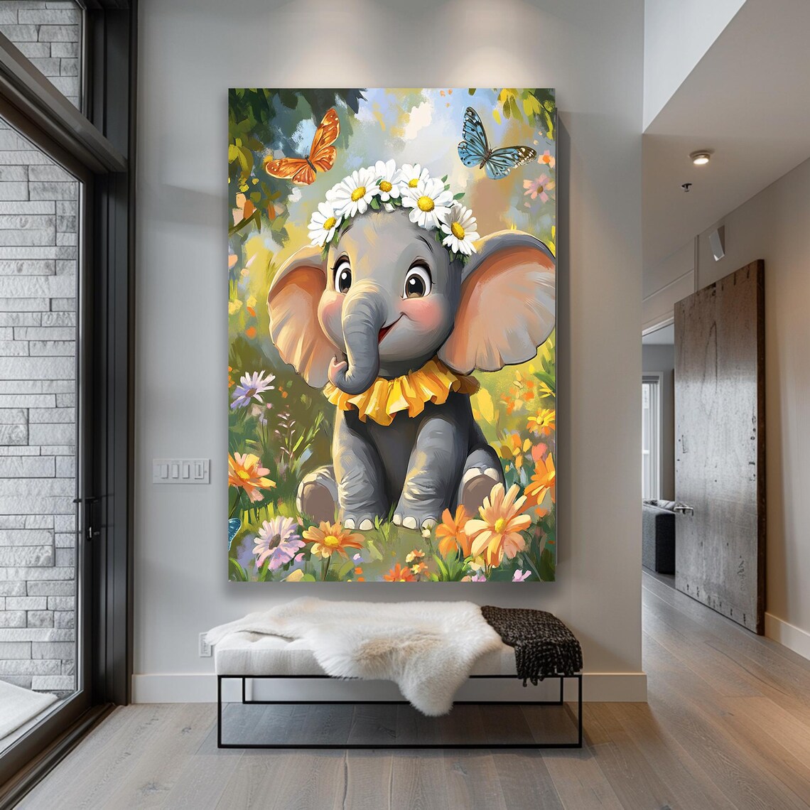 Baby Elephant Daisy Flower Crown Butterfly Garden Nursery Poster - Image 4