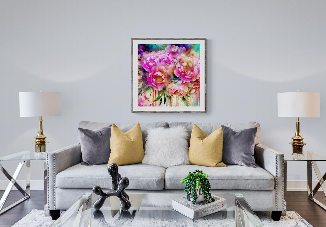 Grunge Peony Print, Abstract Floral Decor - Image 2