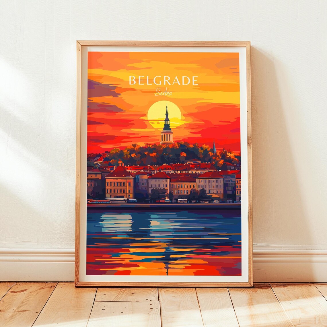 Belgrade Serbia Sunset Skyline Kalemegdan Fortress River Travel Poster