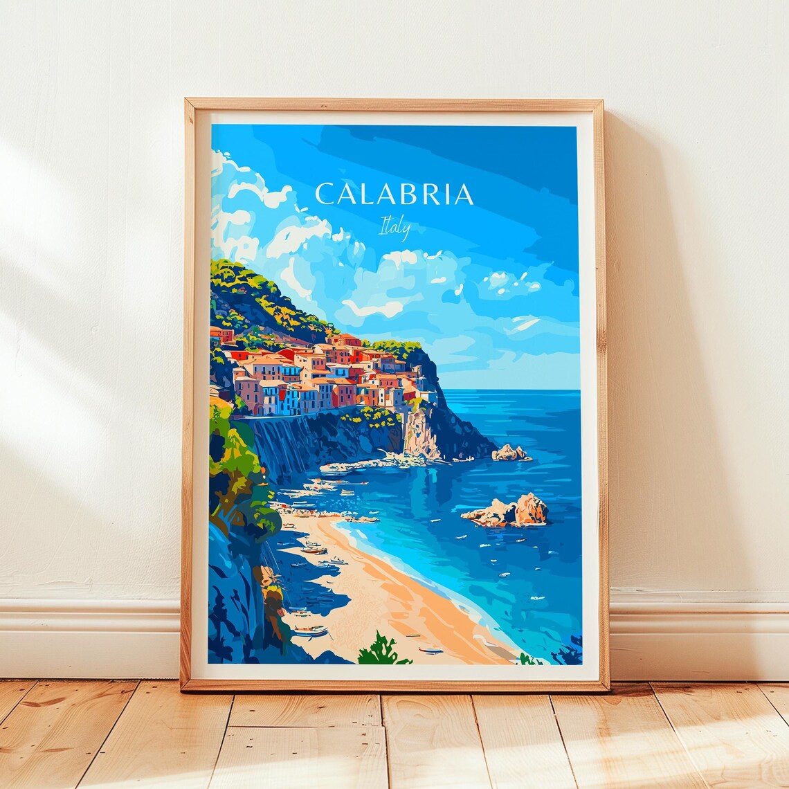 Calabria Italy Cliffside Village Beach Vintage Travel Poster