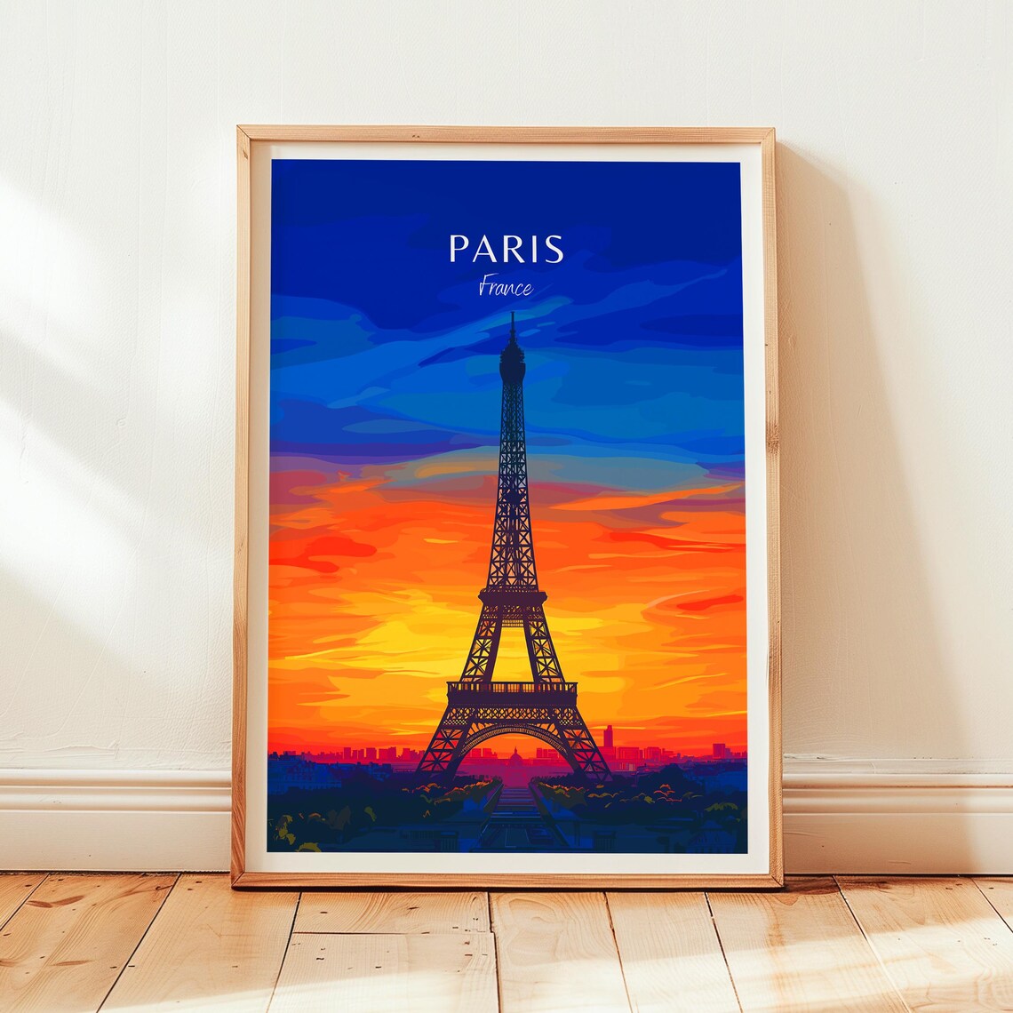 Paris France Eiffel Tower Sunset Silhouette Vintage Travel Poster