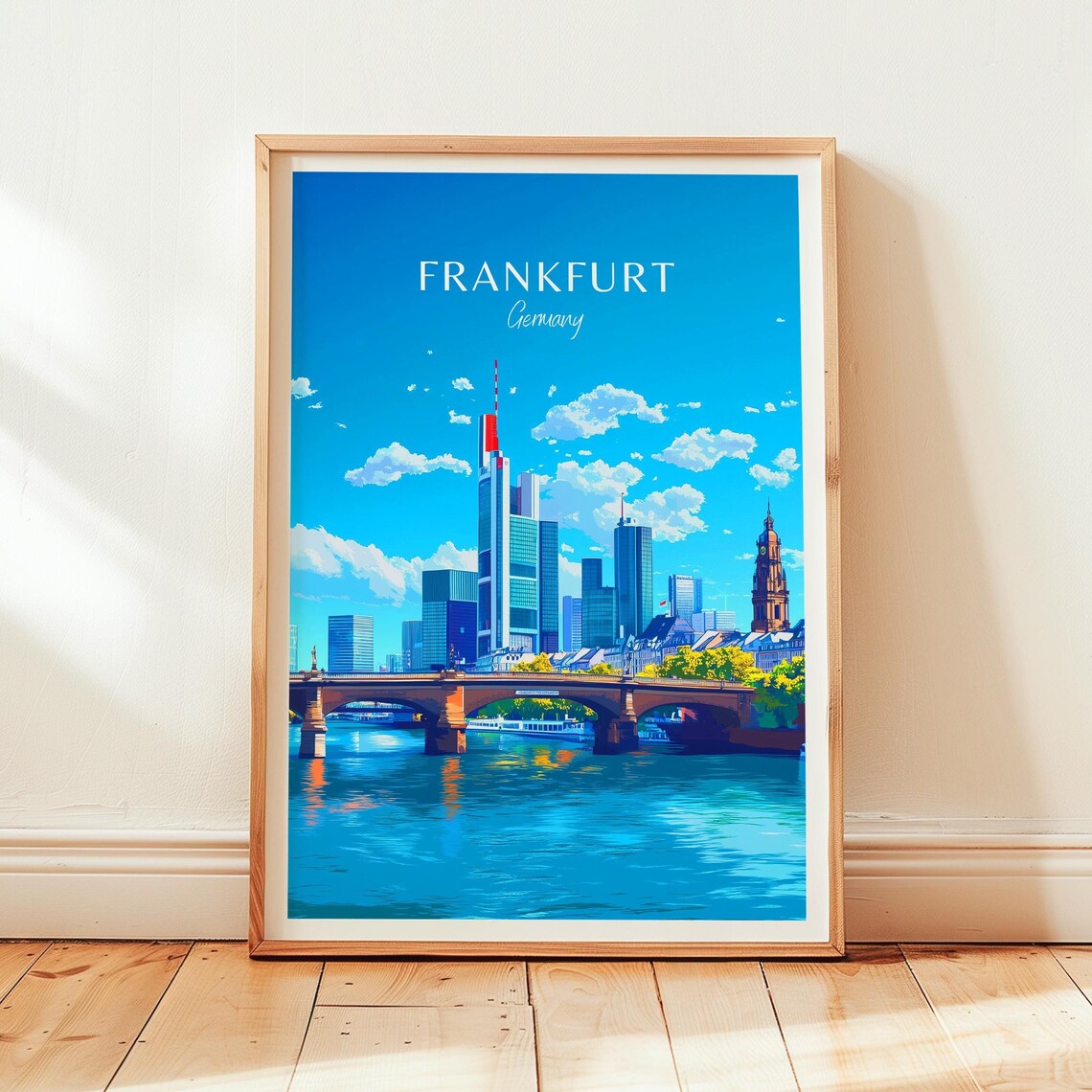 Frankfurt Germany Modern Skyline River Bridge Cityscape Travel Poster