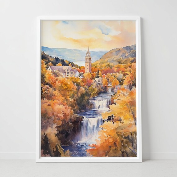 Ithaca New York Waterfall Watercolor Poster Fall Foliage Town View Art