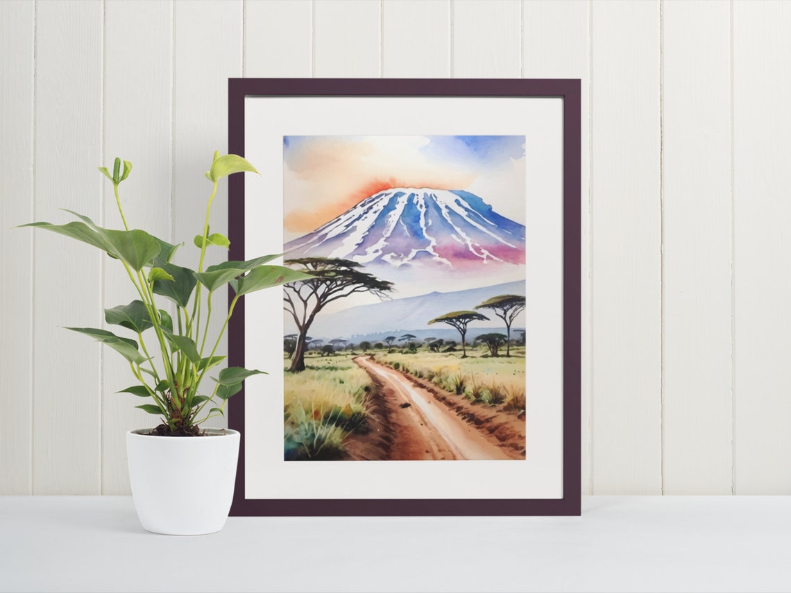 Mount Kilimanjaro Tanzania Watercolor Safari Landscape Art Poster