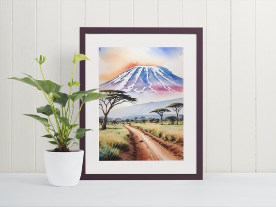 Mount Kilimanjaro Watercolor Art Print Travel Wall Tanzania African Nature Poster Safari Africa Landscape Painting