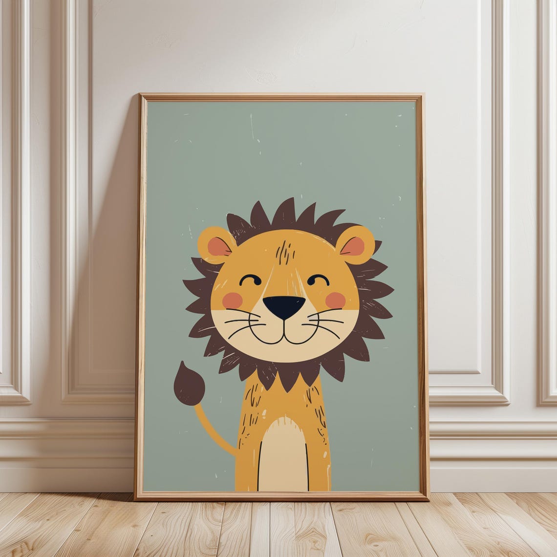 Smiling Baby Lion Nursery Sage Green Safari Animal Decor Poster