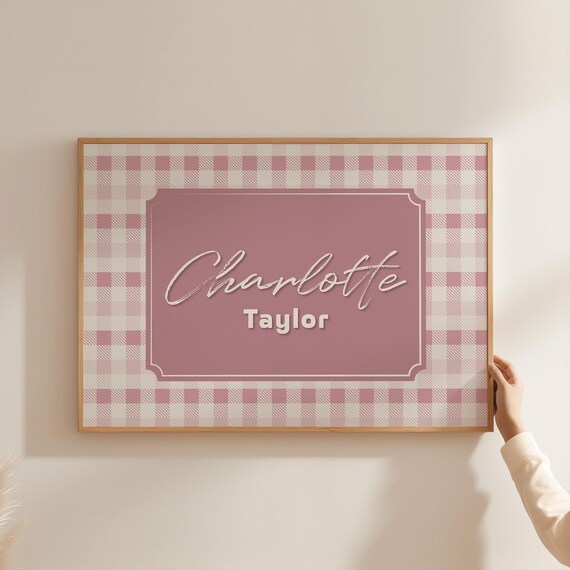 Custom Name Sign Pink Gingham Script Girls Nursery Personalized Poster