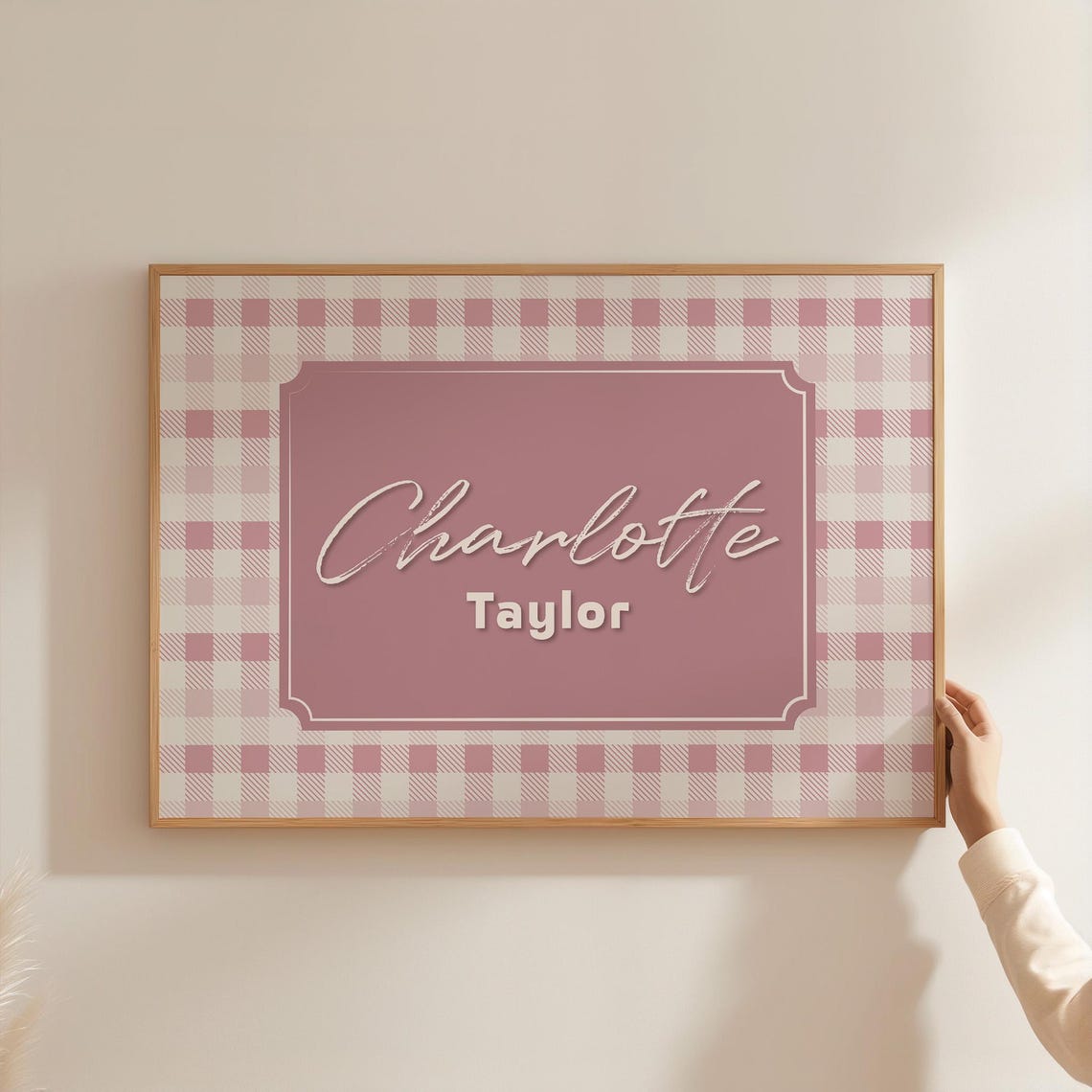 Custom Name Sign Pink Gingham Script Girls Nursery Personalized Poster