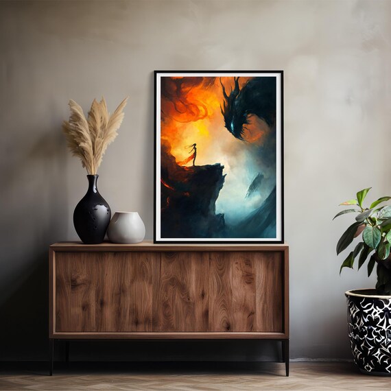 Dark Fantasy Demon Dragon Over Cliff Silhouette Fiery Sky Wall Poster