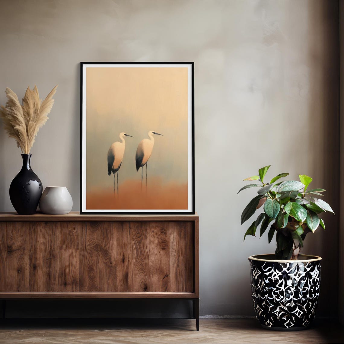 Two White Herons Misty Water Minimalist Warm Beige Nature Art Poster - Image 3