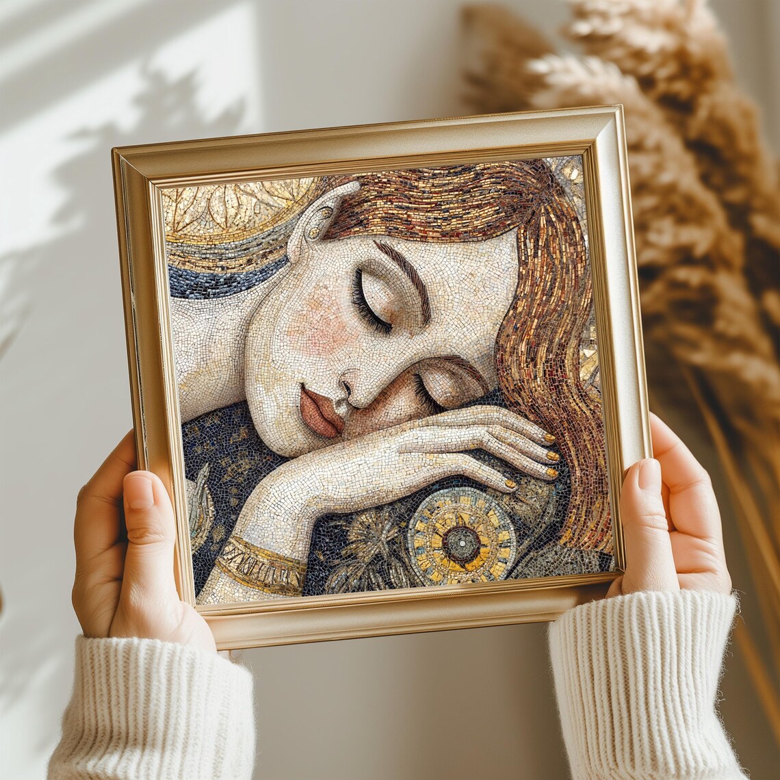 Mosaic Sleeping Woman Golden Jewelry Warm Tones Art Deco Style Wall Poster
