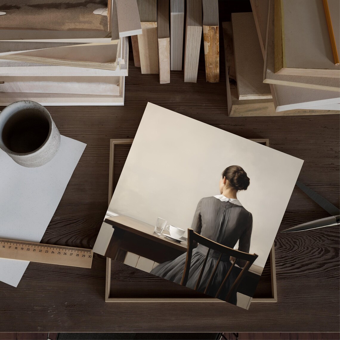 Woman In Grey Dress At Table Quiet Morning Minimalist Serene Art Poster - Image 2