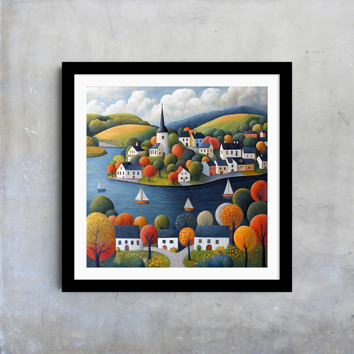 Colorful Folk Art Coastal Village Church Sailboats Harbor Print - Image 4