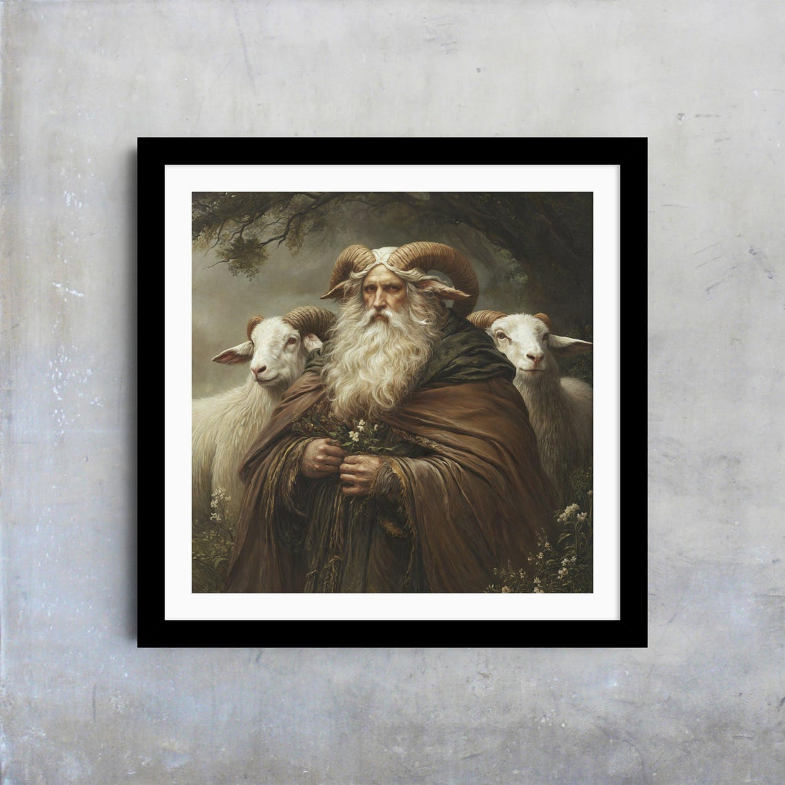 Horned Shepherd With Sheep Dark Fantasy Forest Portrait Art Poster - Image 4