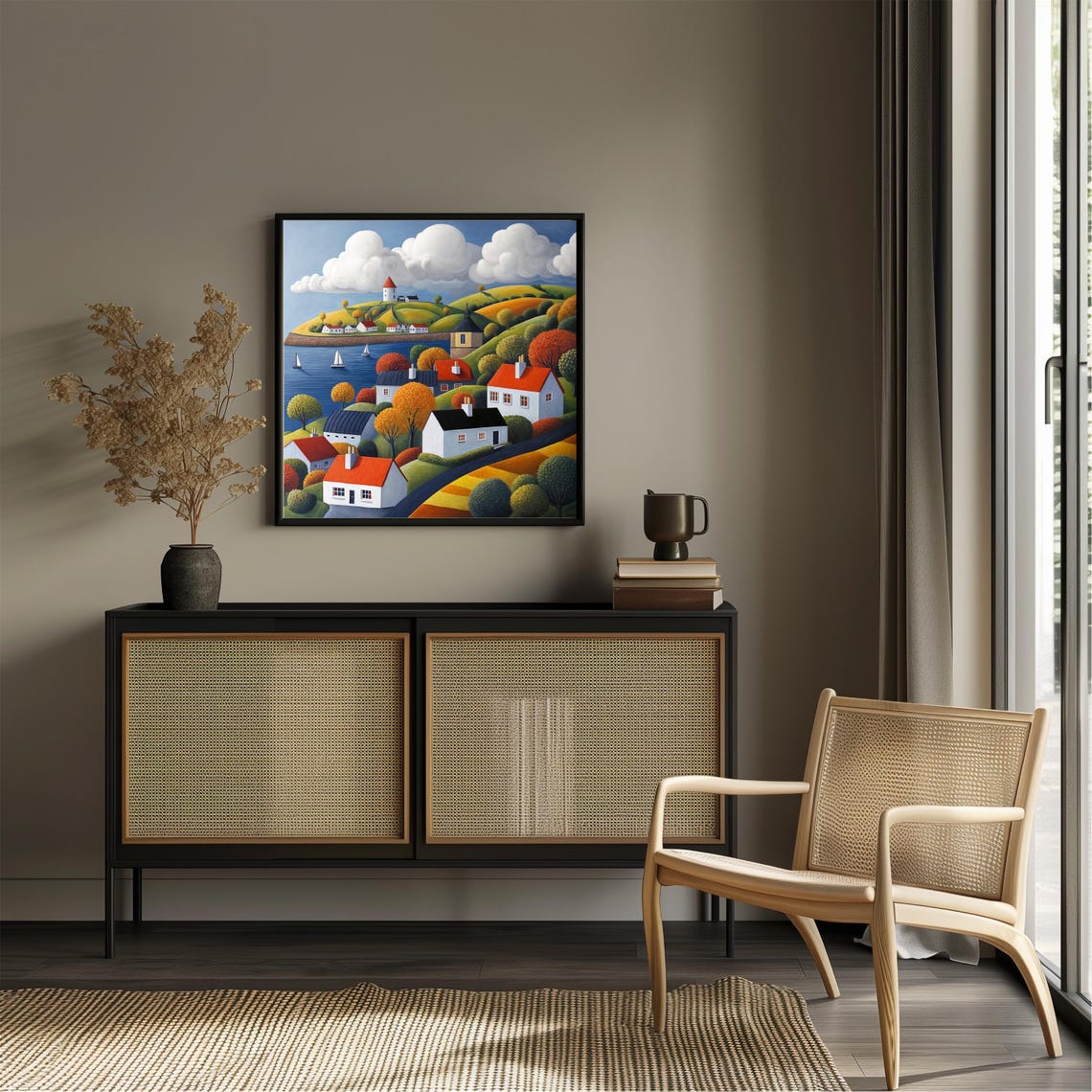 Rolling Hills Village Cottages Lighthouse Sailboats Scenic Art Poster