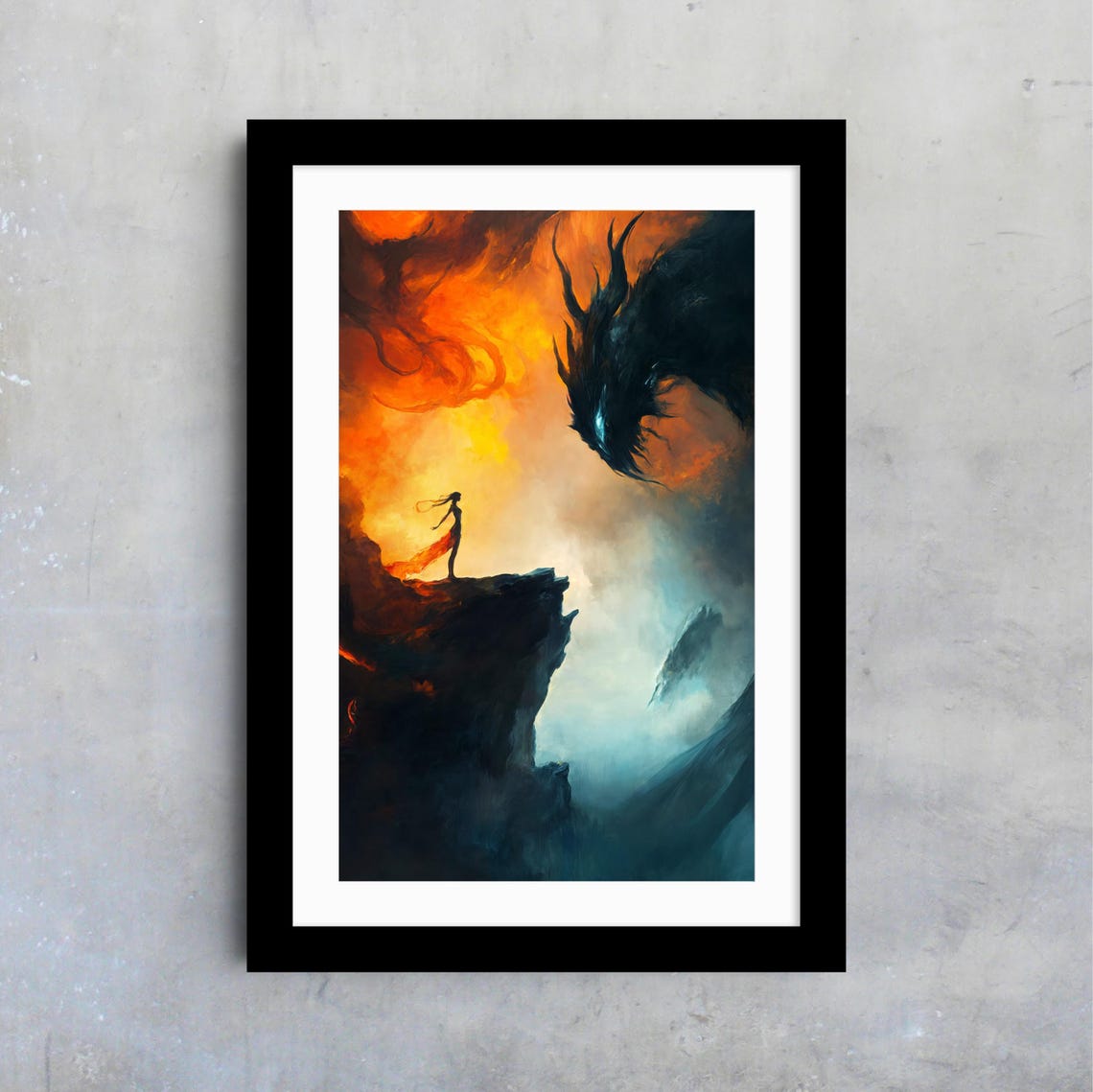 Dark Fantasy Demon Dragon Over Cliff Silhouette Fiery Sky Wall Poster - Image 4