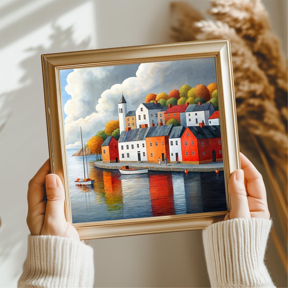 Coastal Village Wall Art Colorful Harbor View Painting Sailboats And Seaside Houses Print Ocean Art For Living Room Modern Home Decor