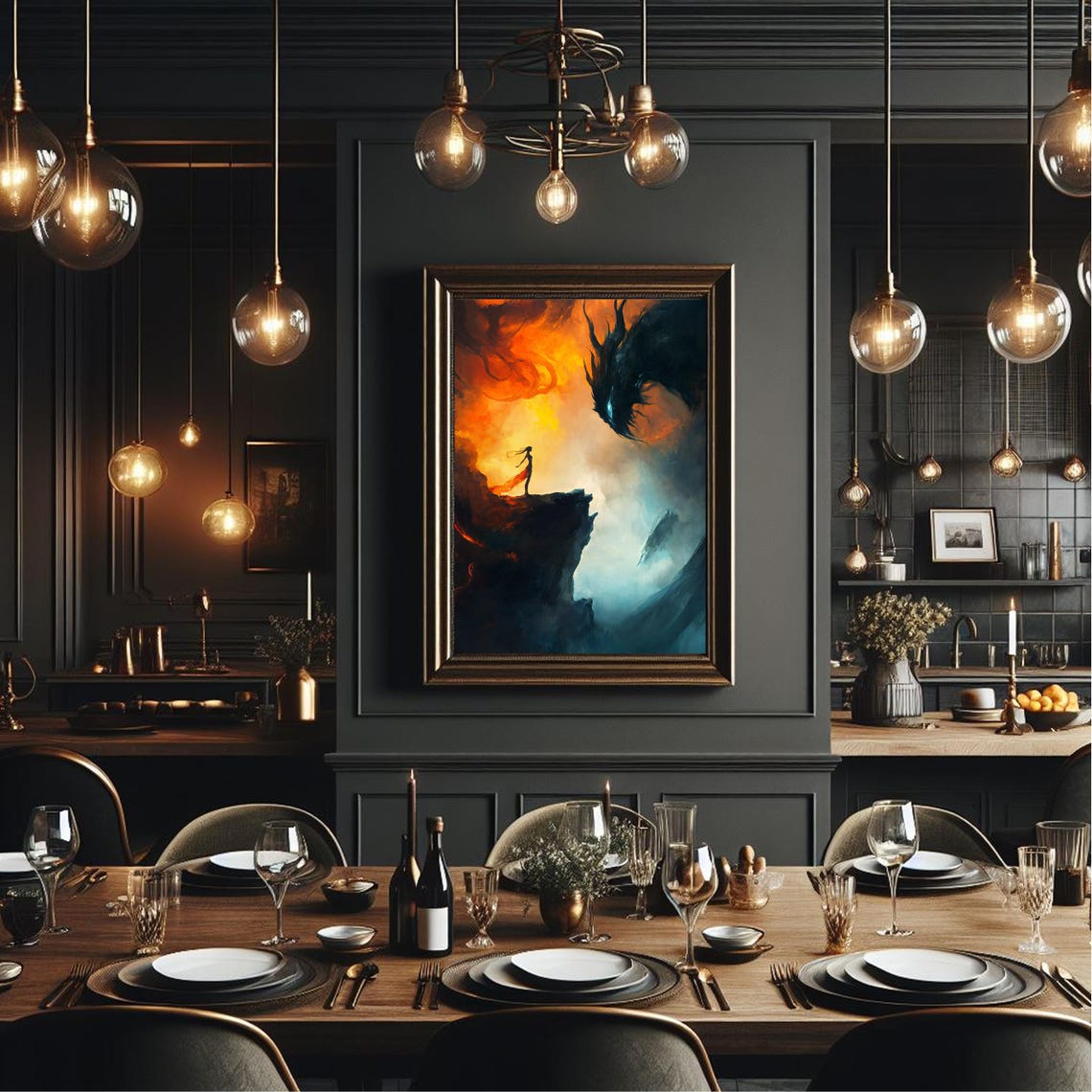 Dark Fantasy Demon Dragon Over Cliff Silhouette Fiery Sky Wall Poster - Image 2