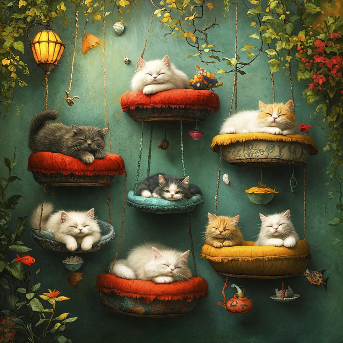 Cats Lounging Hanging Baskets Teal Wall Cute Cat Cafe Art Poster - Image 3
