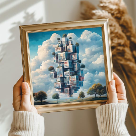 Surreal Architecture Wall Art Whimsical Clouds Home Decor Modern Design Poster Unique Artistic Home Decor Gift Idea