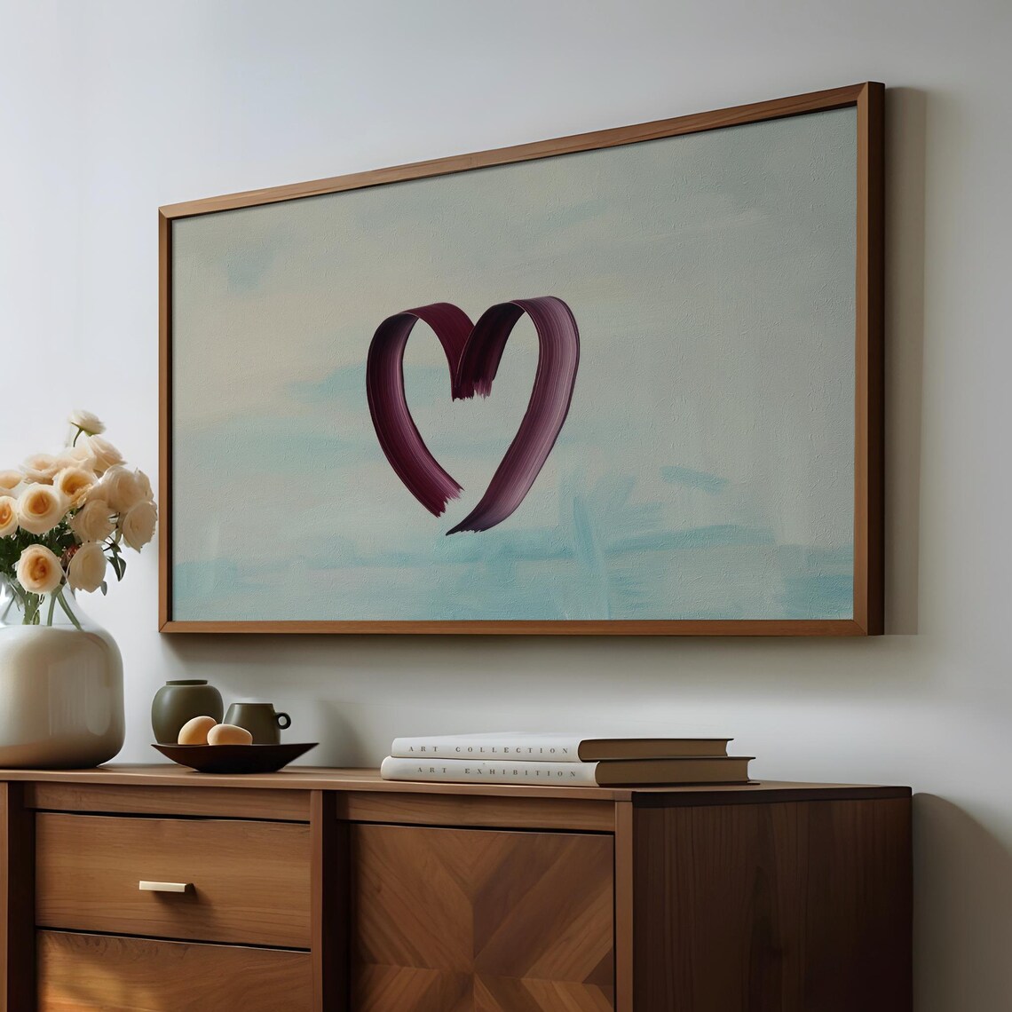 Minimalist Burgundy Brushstroke Heart Neutral Blue Valentine Art Print - Image 5