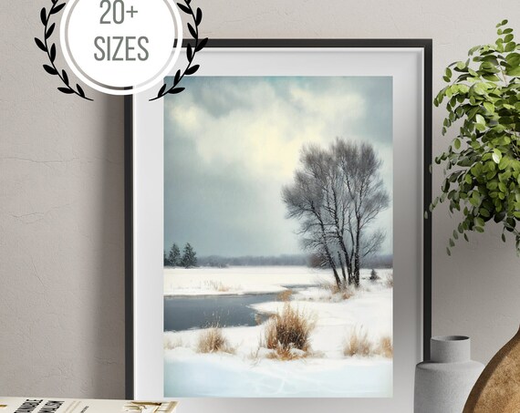 Frozen Pond Winter Landscape Bare Trees Impressionist Nature Painting Poster