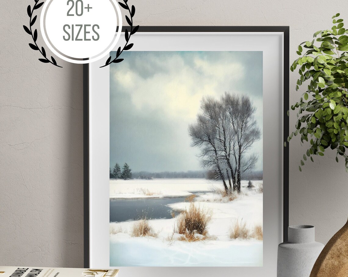 Frozen Pond Winter Landscape Bare Trees Impressionist Nature Painting Poster