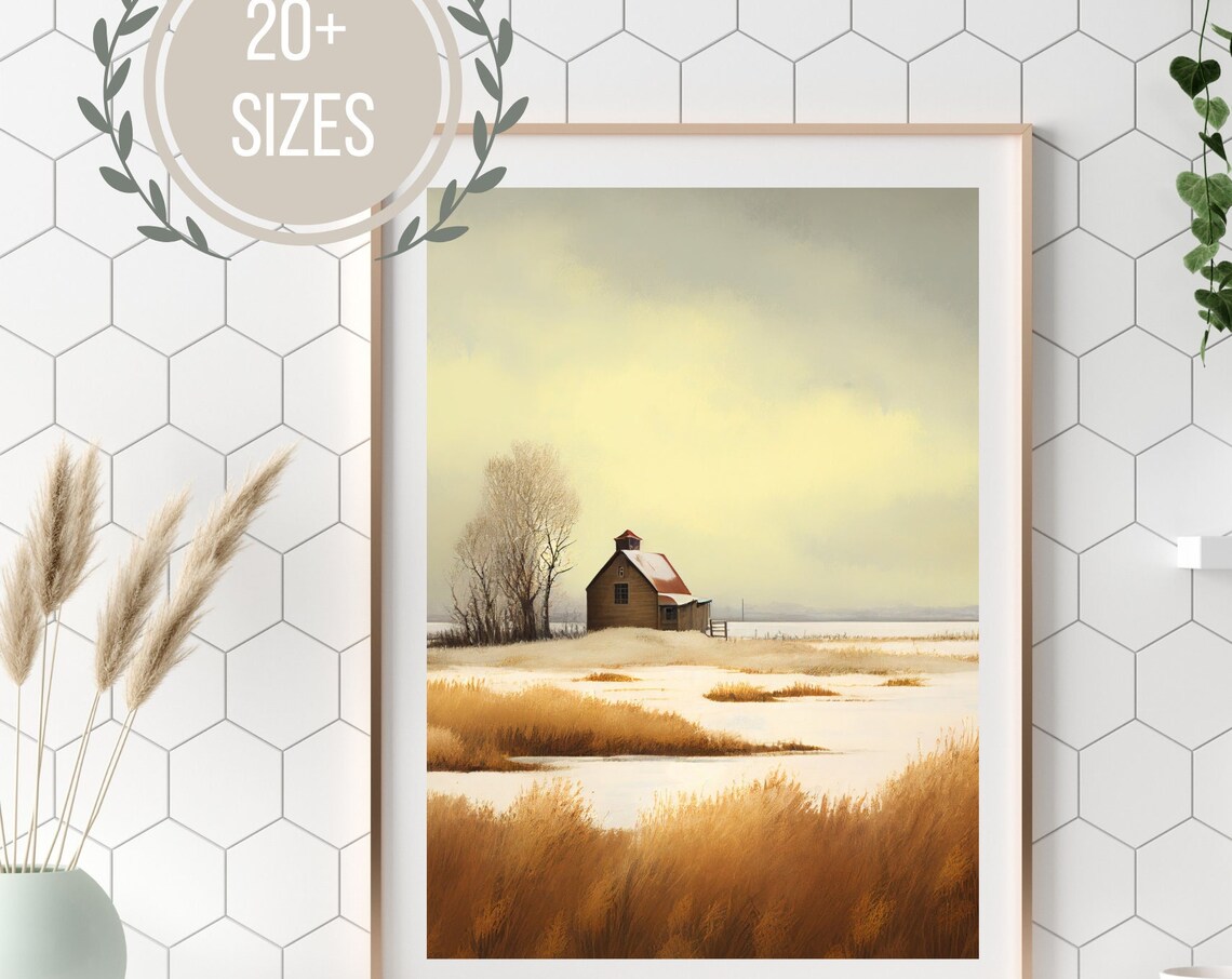 Snowy Cabin Winter Field Golden Grass Landscape Painting Poster