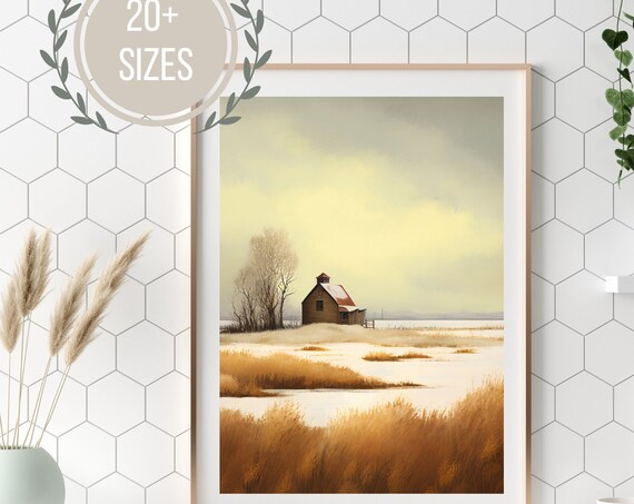 Snowy Cabin Winter Field Golden Grass Landscape Painting Poster