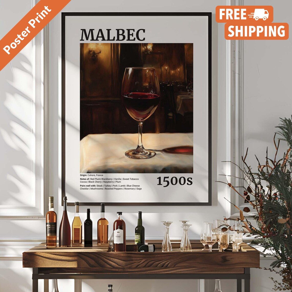 Vintage Malbec Wine Bar, Alcohol Wall Art Print