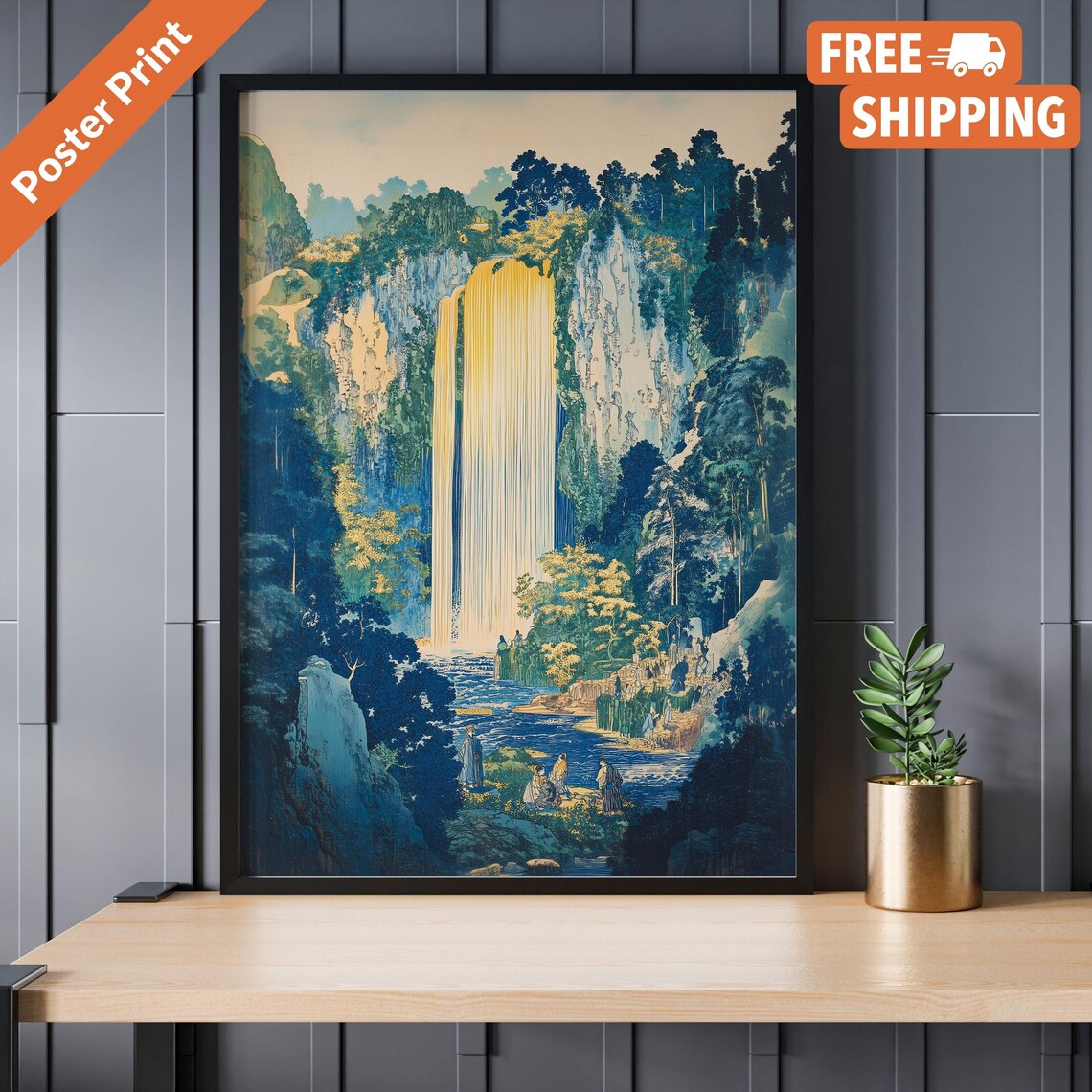 Hokusai Japanese Waterfall Landscape Art Print