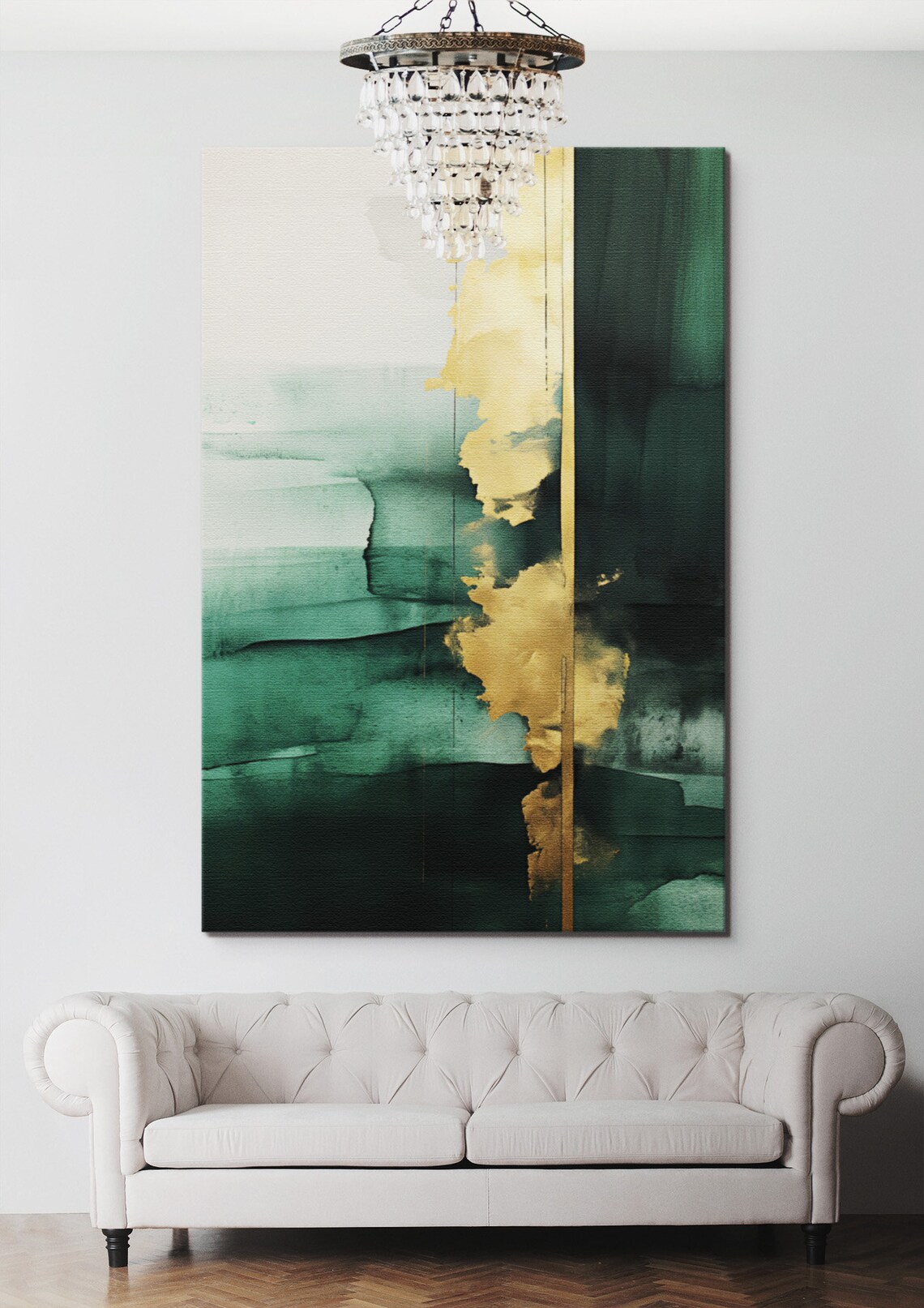 Green Gold Stripe Abstract Painting, Living Room Decor