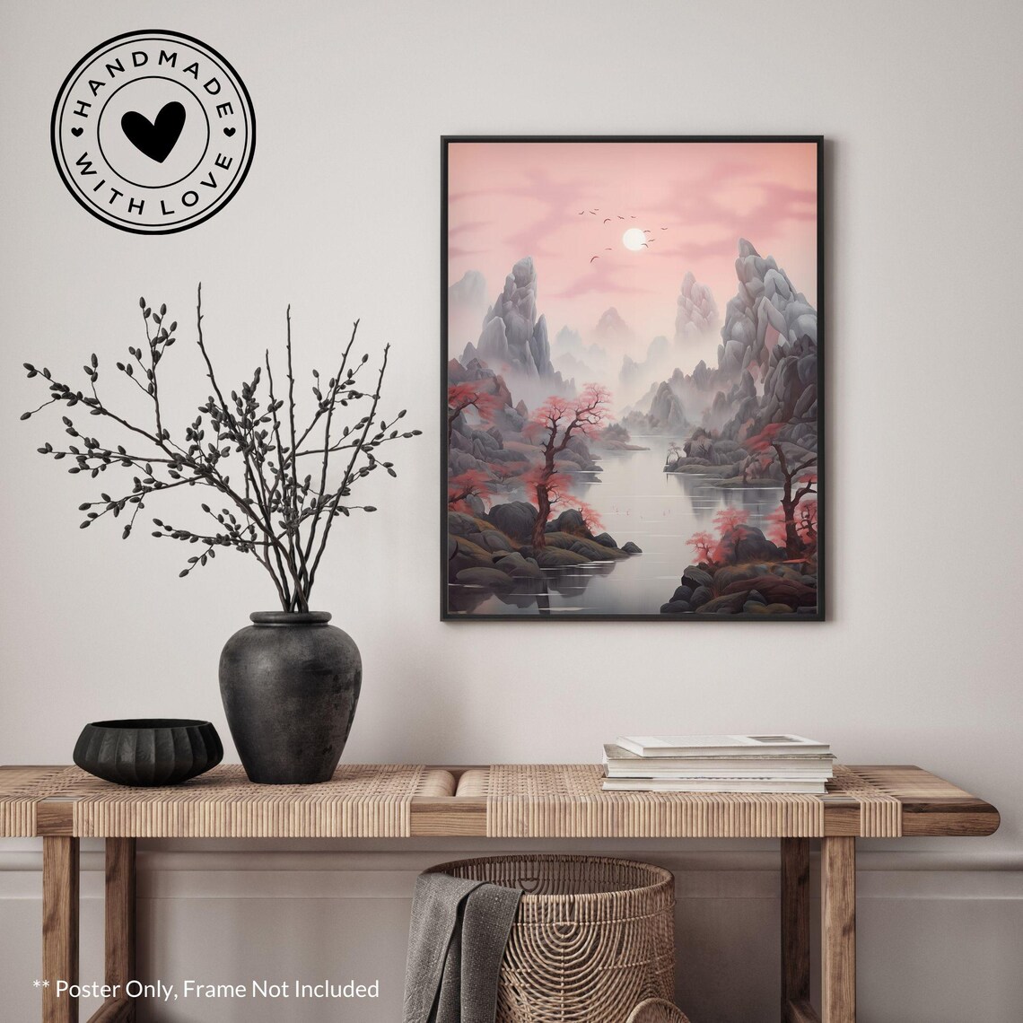 Chinese Pink Dreamscape Watercolor Asian Landscape