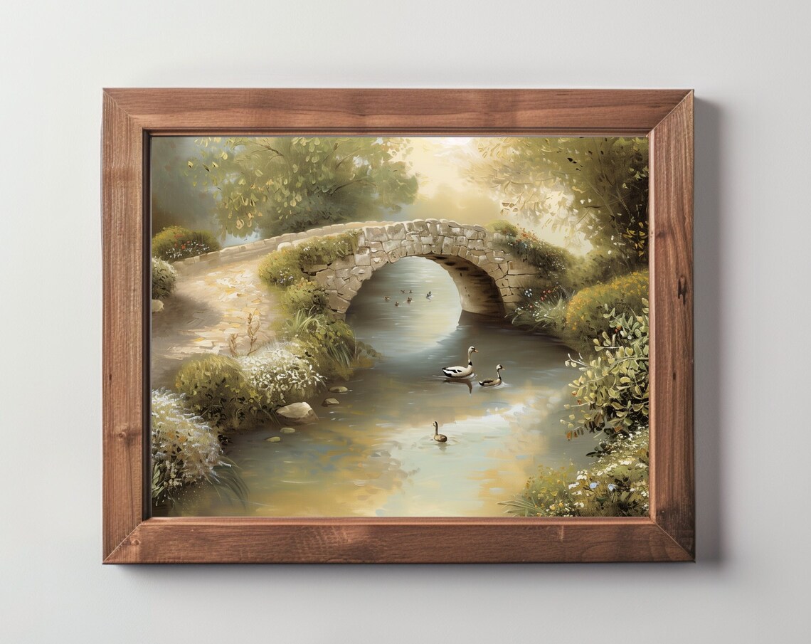 Stone Bridge Over Duck Pond Tranquil Countryside Oil Painting Print
