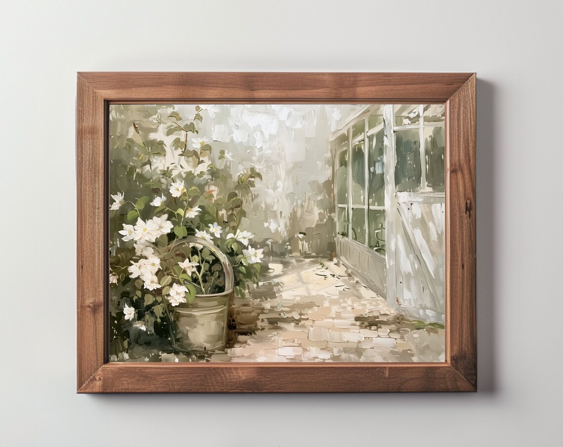 Flowers Greenhouse Countryside Art Print, Rustic Vintage