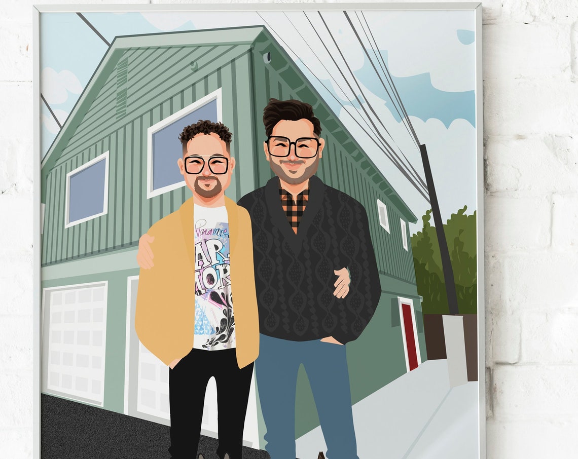 Custom Illustrated Portrait of a Couple in Front of Green House Poster