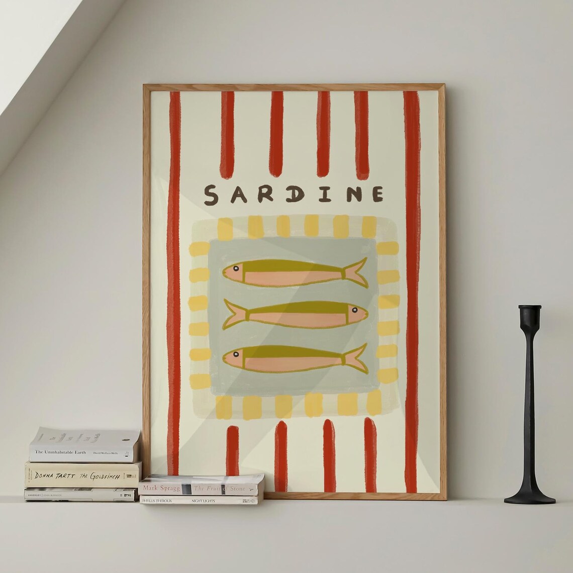Vintage Sardines Fish Green Red Stripe Trendy Kitchen Wall Art Retro Modern Food Home Decor