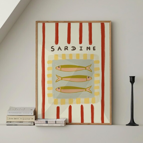 Vintage Sardines Fish Green Red Stripe Trendy Kitchen Wall Art Retro Modern Food Home Decor